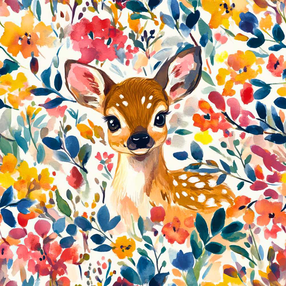 Watercolor Baby Deer Fawn with Colorful Floral Botanical Background