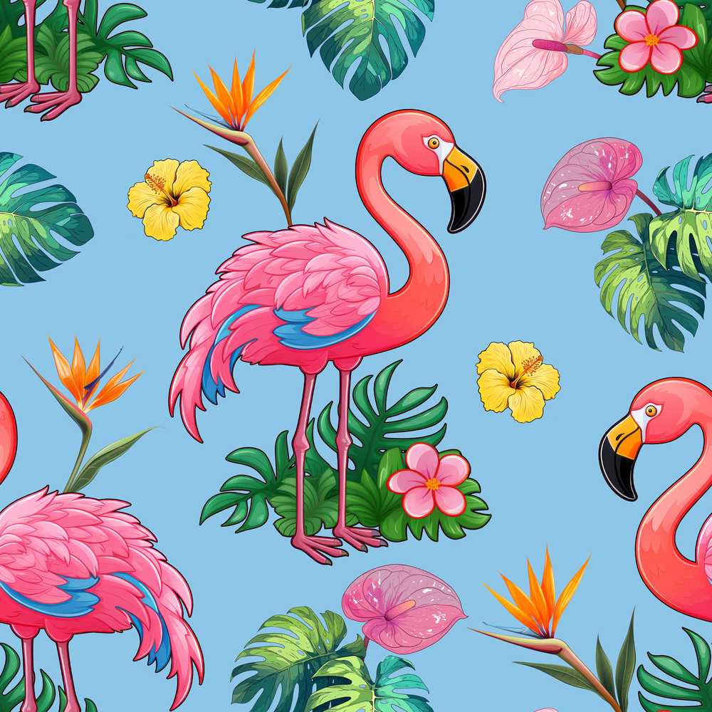 Tropical Flamingo with Hibiscus Flowers and Leaves Sky Blue Background