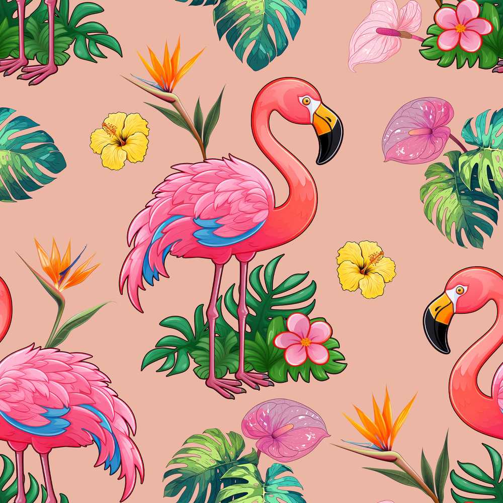 Tropical Flamingo with Hibiscus Flowers and Leaves Peach Background