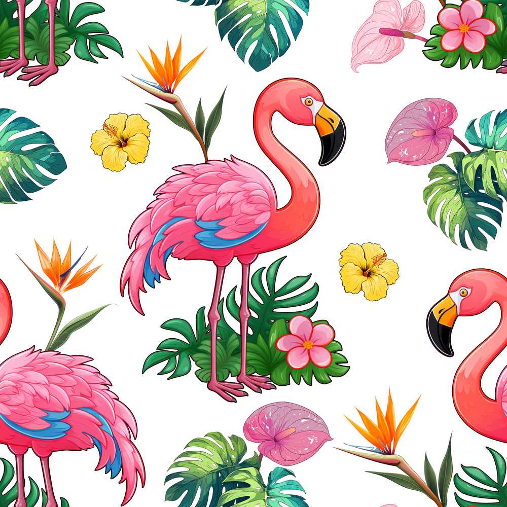 Tropical Flamingo with Hibiscus Flowers and Leaves Light Grey Background