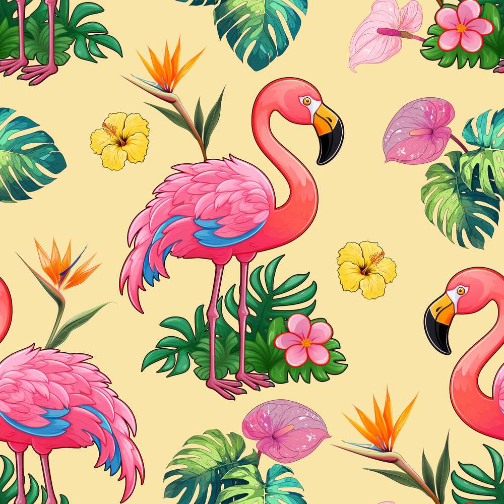 Tropical Flamingo with Hibiscus Flowers and Leaves Warm Yellow Background