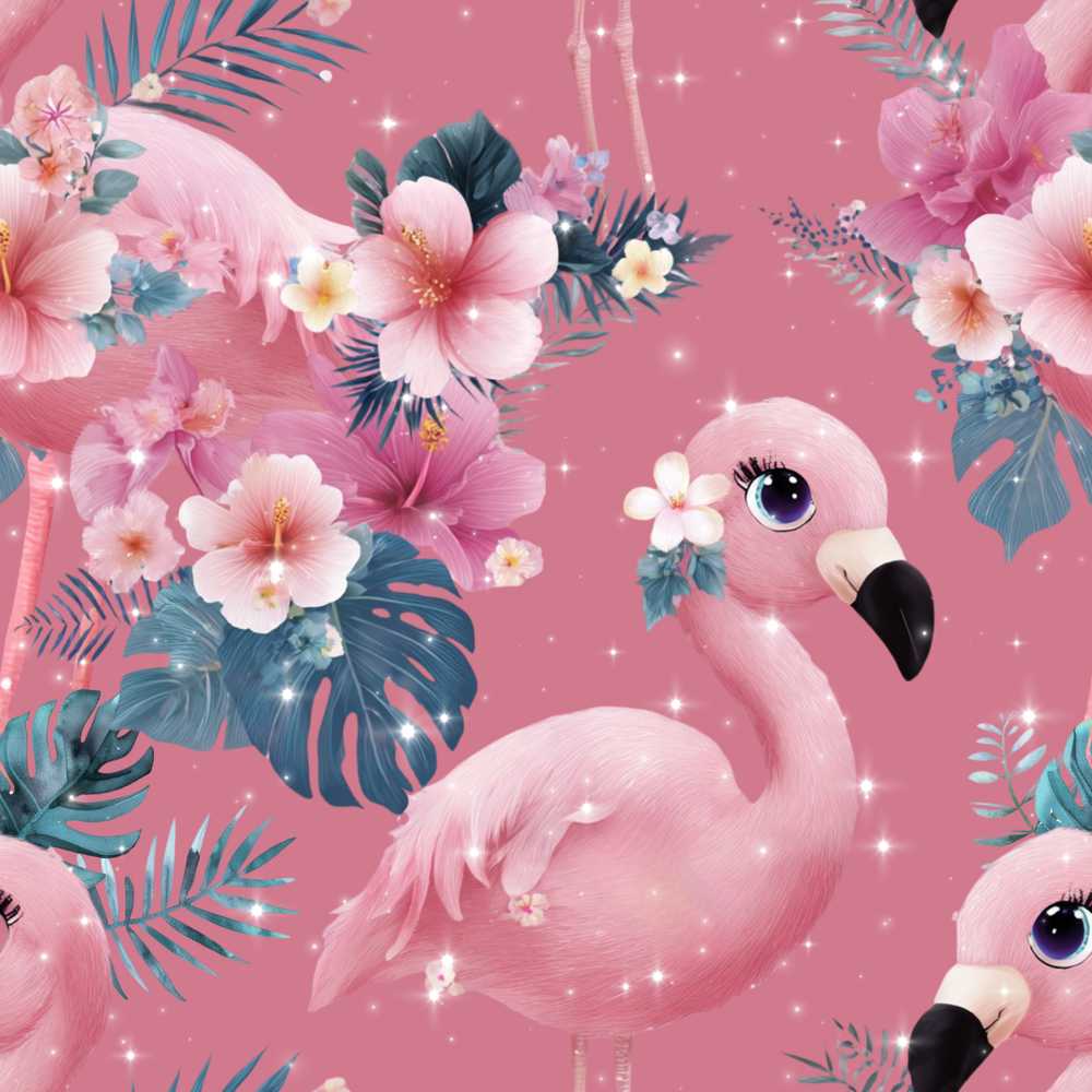 Pink Flamingo Tropical Flowers Sparkle Fantasy Wildflower Pattern Botanical