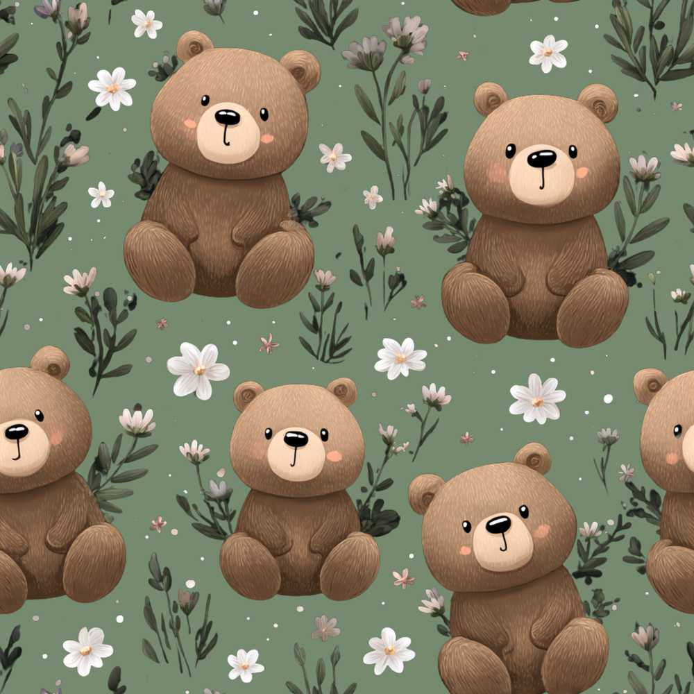 Cute Teddy Bears with Floral Elements Green Background Wildflower