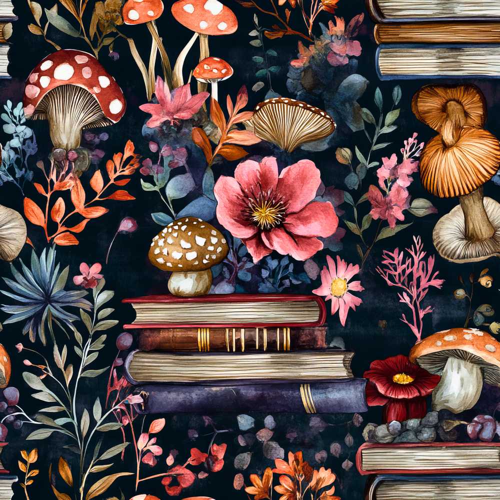 Vintage Mushrooms Books and Floral Dark Botanical Wildflower Pattern