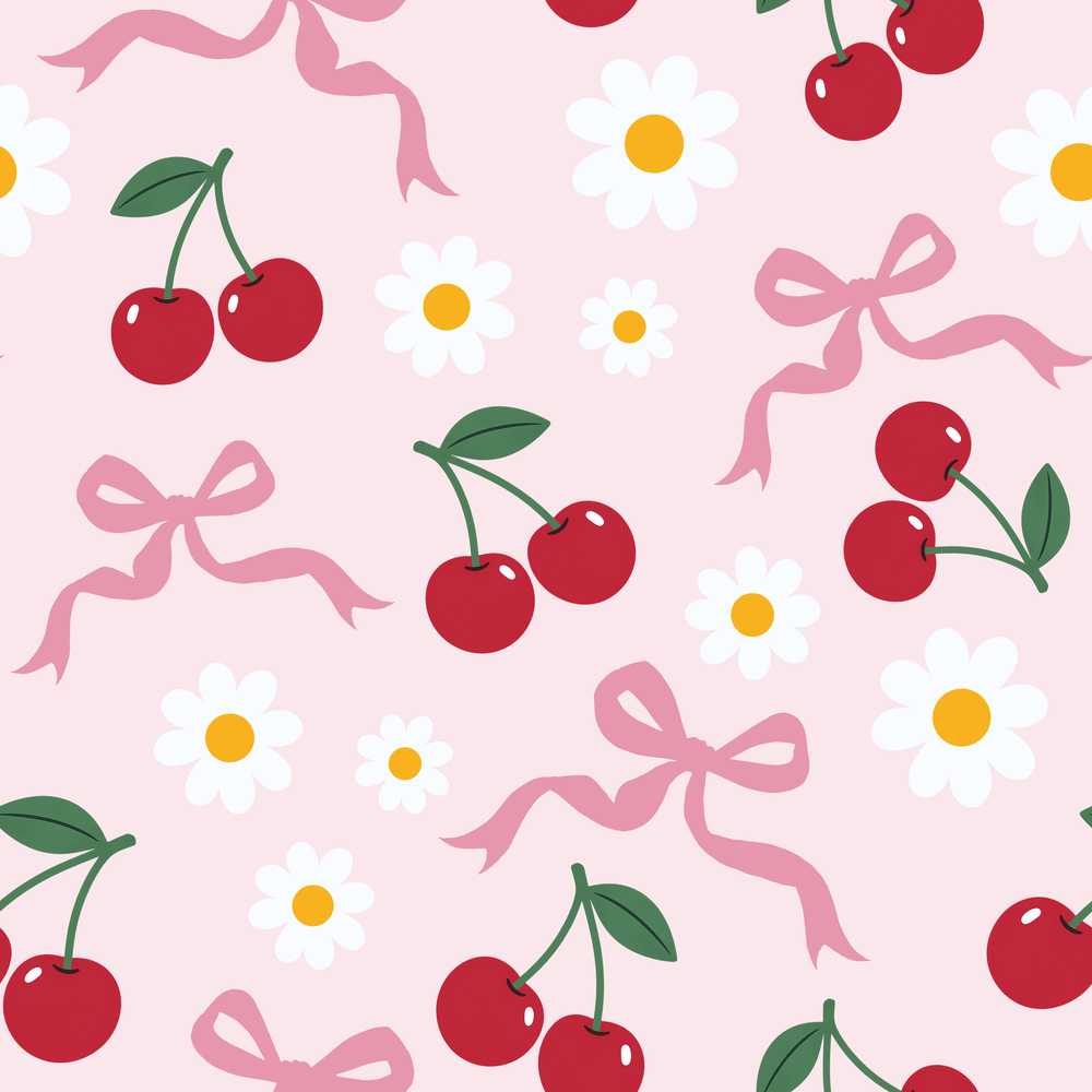 Cute Cherry Bow and Daisy on Soft Pink Wildflower