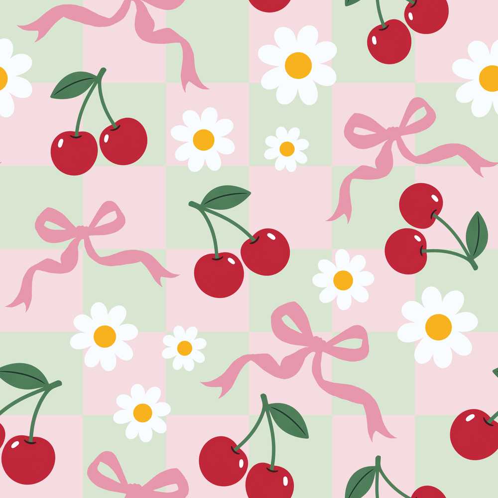 Cute Cherry Bow and Daisy Mint Gingham Wildflower Pattern