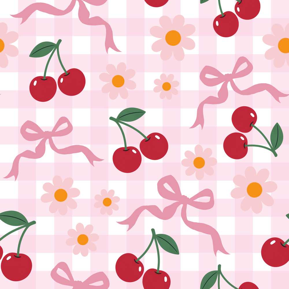 Cute Cherry Bow and Daisy Pink Gingham Wildflower Pattern