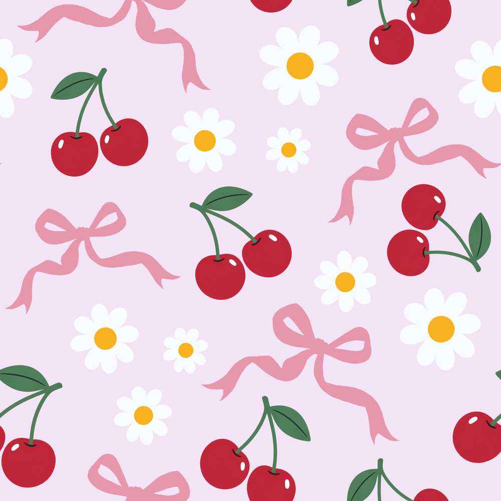 Cute Cherry Bow and Daisy on Lavender Wildflower Pattern