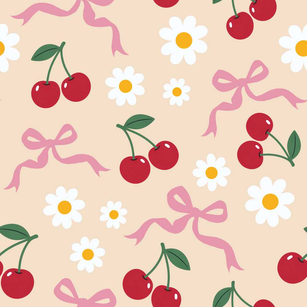 Cute Cherry Bow and Daisy on Beige Wildflower Pattern