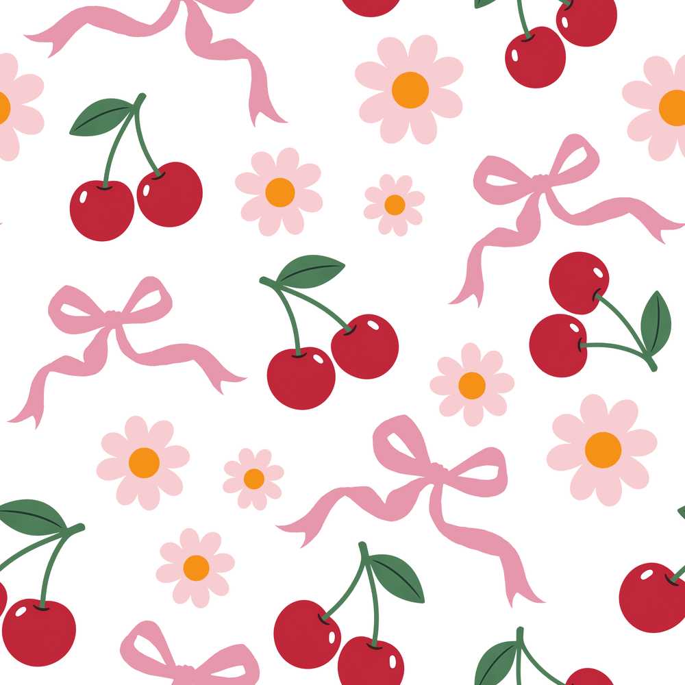 Cute Cherry Bow and Daisy on White Wildflower Pattern