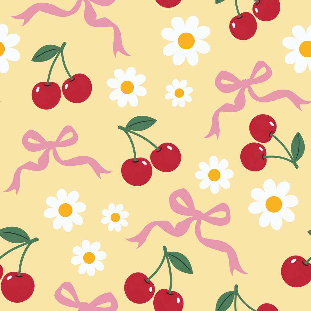 Cute Cherry Bow and Daisy Yellow Check Wildflower Pattern
