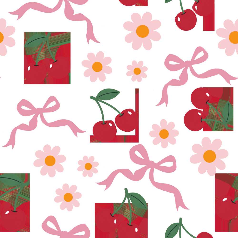 Cute Cherry Bow and Daisy on Light Grey Wildflower
