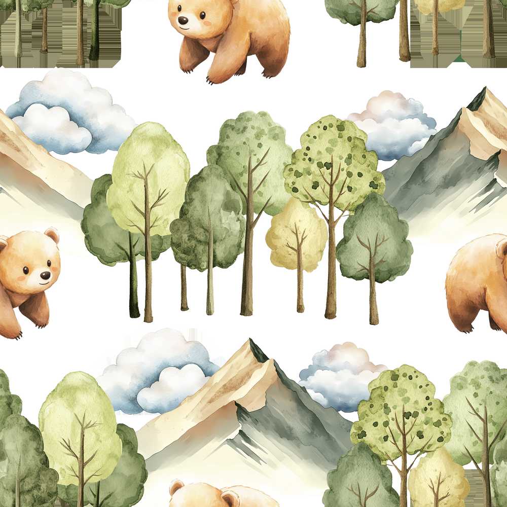 Watercolor Bear Forest Mountain Scenic Illustration Repeat Pattern