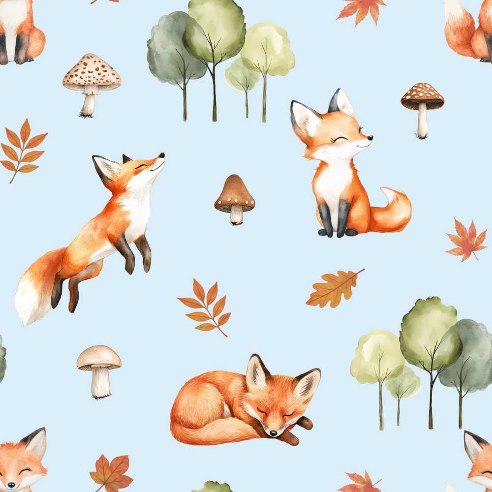 Watercolor Woodland Fox Mushroom Autumn on Blue Background