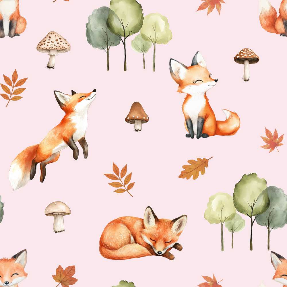 Watercolor Woodland Fox Mushroom Autumn on Dusty Pink Background