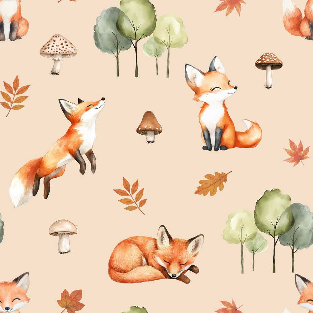 Watercolor Woodland Fox Mushroom Autumn on Warm Beige Background