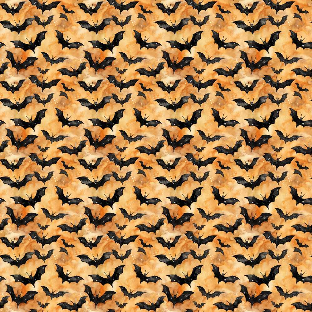 Watercolour Flying Bats on Warm Orange Cloud Background Halloween