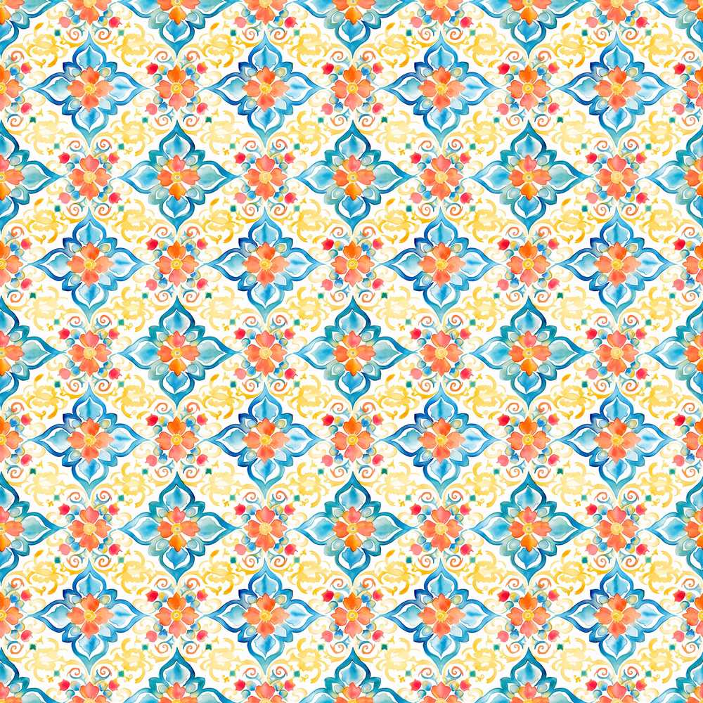 Watercolor Floral Tile Blue Orange Mediterranean Wildflower Pattern Botanical