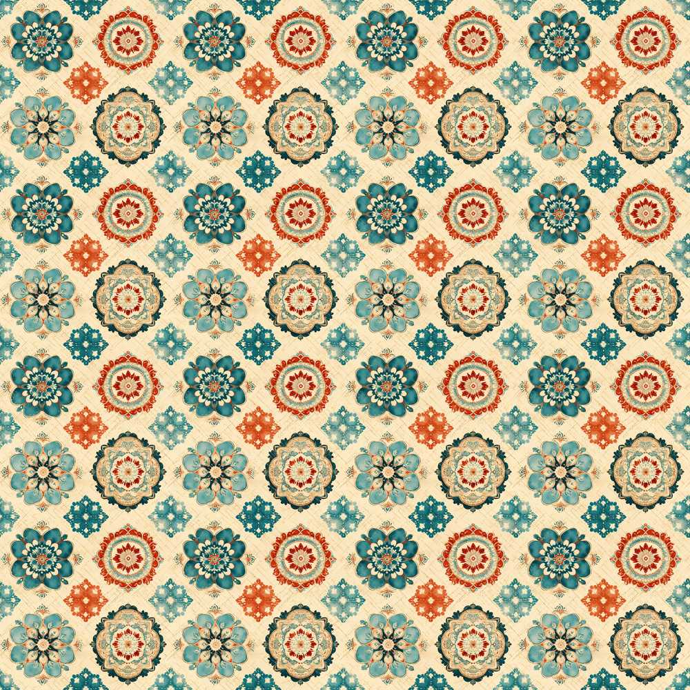 Boho Mandala Floral Medallion Teal Coral Wildflower Pattern Botanical