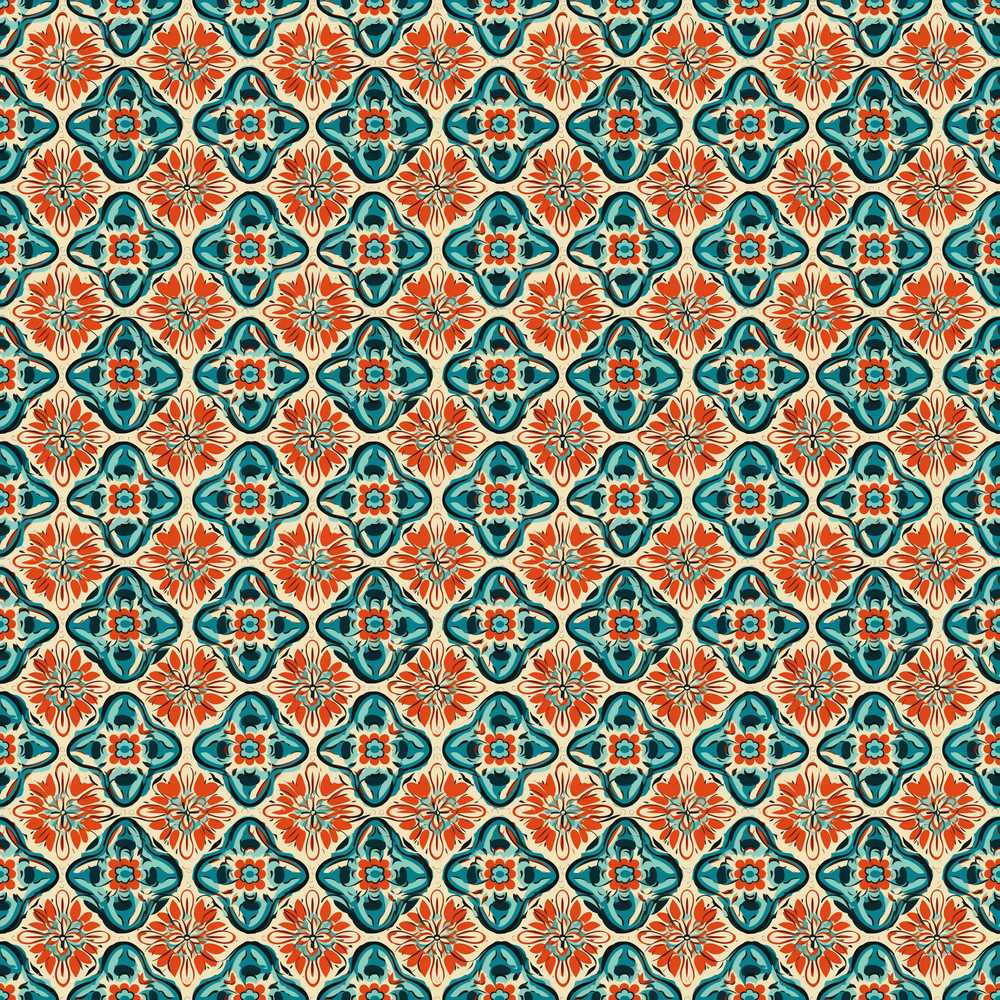 Cream Background Floral Tile with Teal and Coral Symmetry