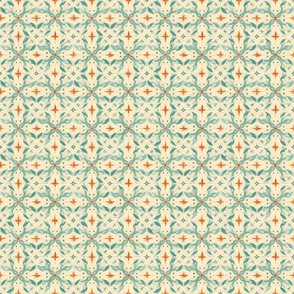 Soft Aqua and Coral Vintage Floral Medallion Tile on Light