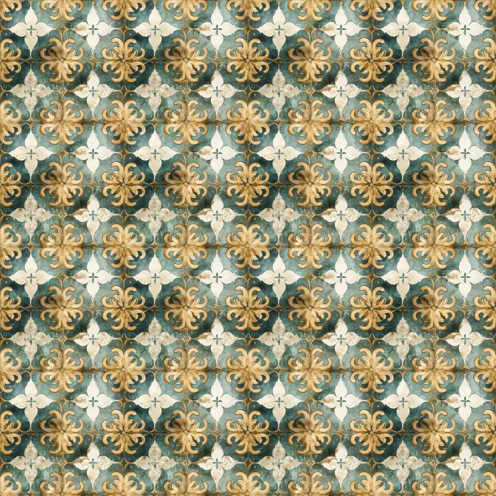 Distressed Blue and Rust Vintage Tile with Ornamental Geometric