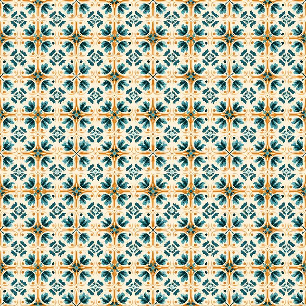 Teal and Orange Stylised Floral Tile with Repeating Geometric Layout