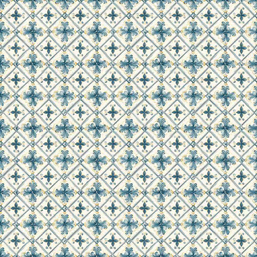 Pale Blue and Cream Traditional Tile with Floral Medallion Motifs