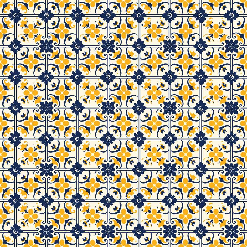 Navy and Mustard Decorative Tile with Bold Floral Geometry