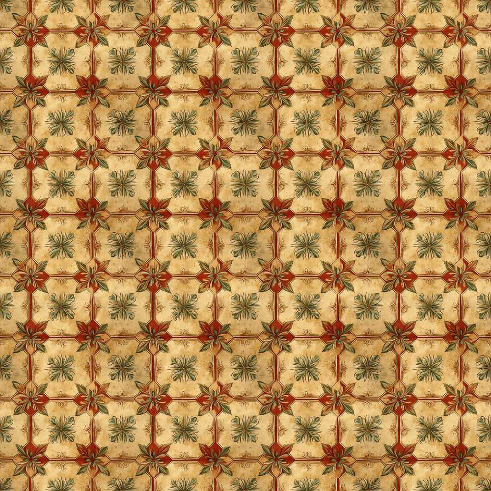 Vintage Floral Tile in Warm Beige and Terracotta Geometric Repeat