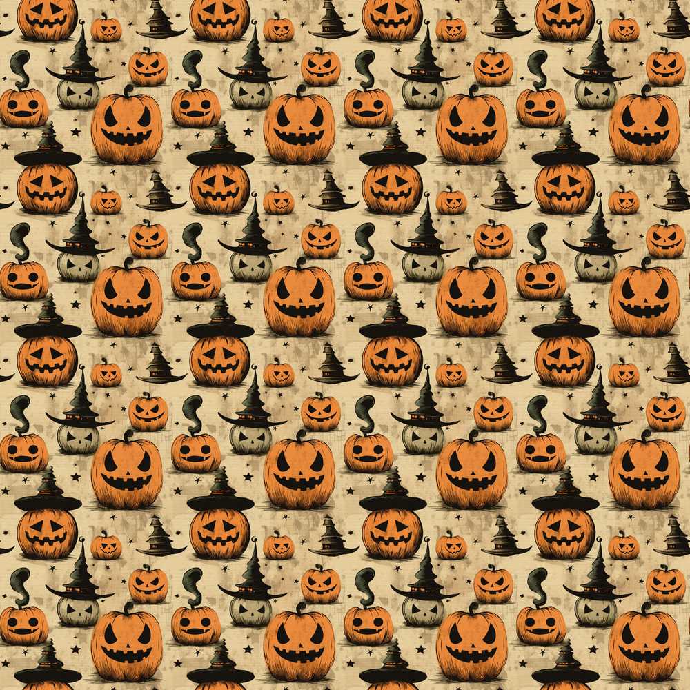 Halloween Pumpkins with Witch Hats and Stars on Vintage Background
