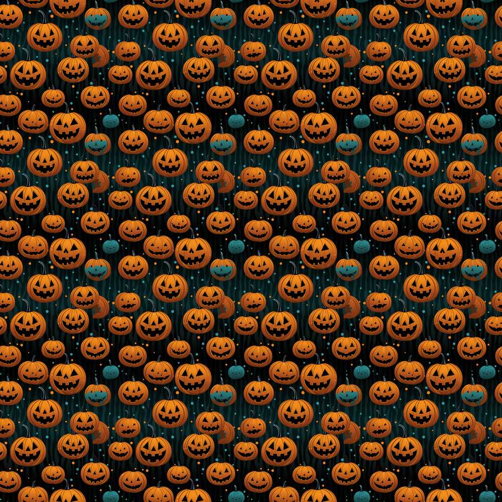 Hanging Pumpkins with Teal Accents on Dark Striped Background