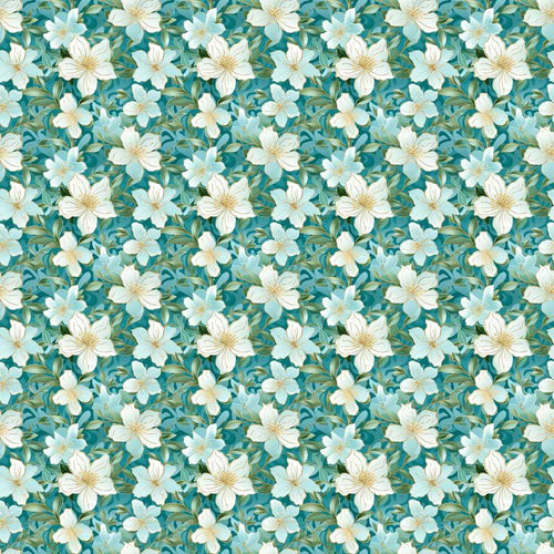 Aqua Floral Blossom with Soft White Flowers and Green Leaves