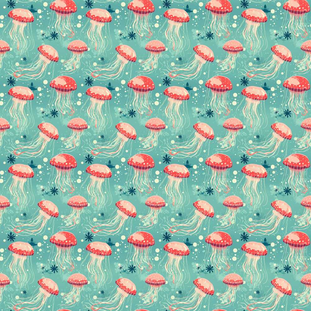 Cute Red Jellyfish Cartoon Style on Teal Background Seamless Marine