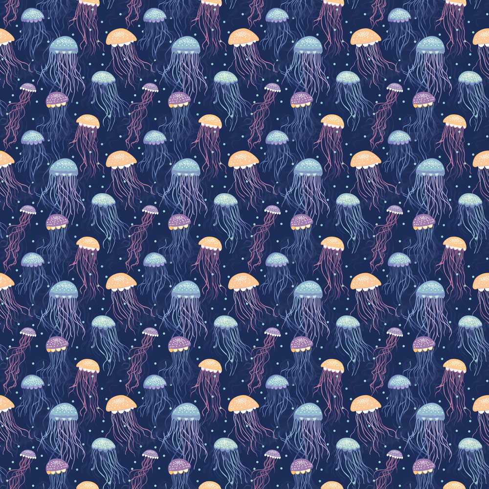 Cute Multicolor Jellyfish on Deep Blue Ocean Background Seamless