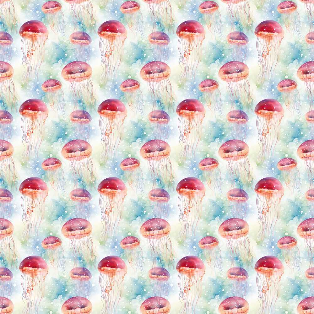 Watercolor Red Jellyfish on Soft Blue Background Seamless Ocean