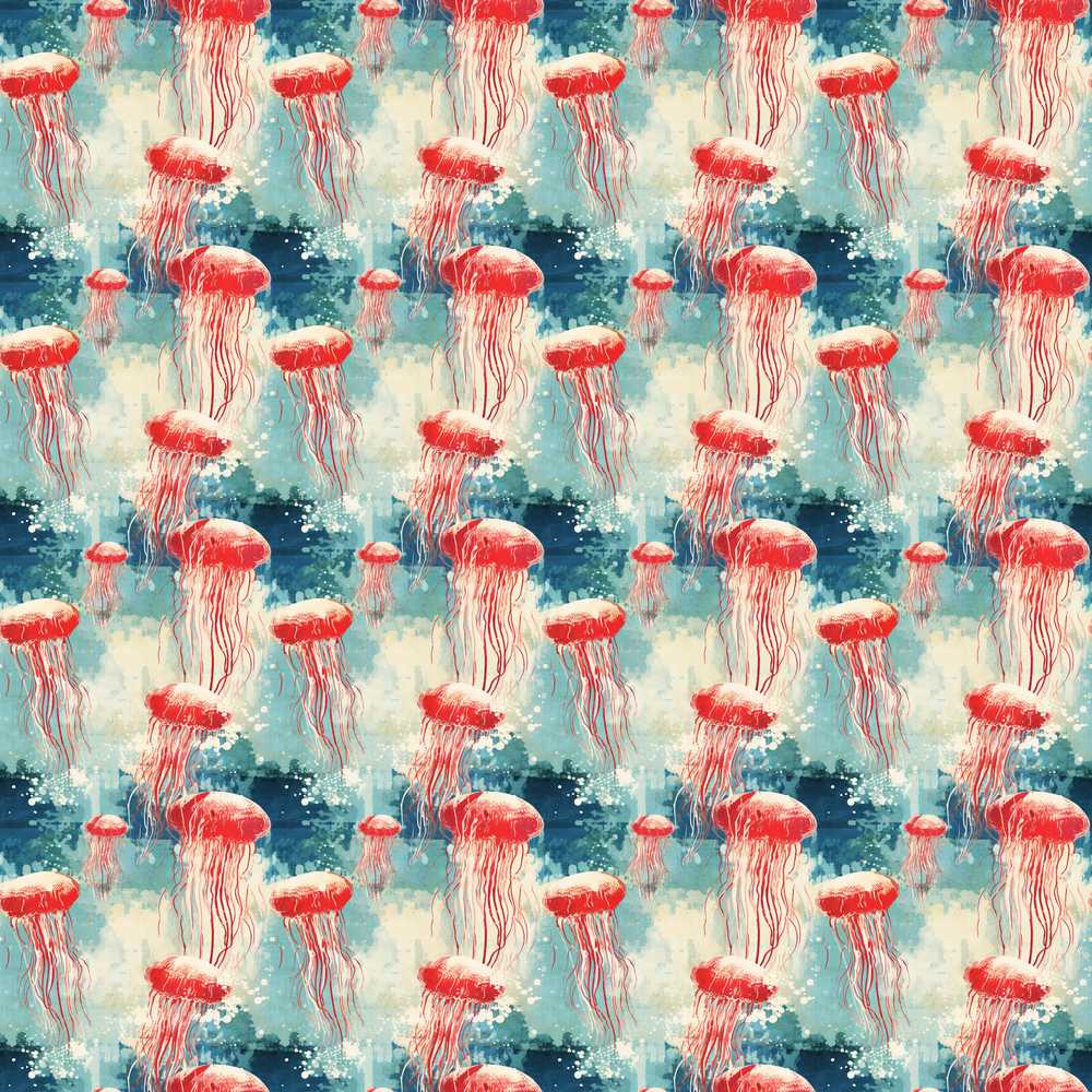 Watercolor Red Jellyfish on Ocean Blue Background Seamless Artistic