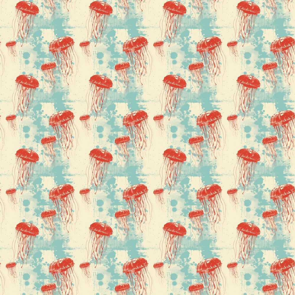 Red Jellyfish Illustration on Distressed BlueBackground Ocean Coastal