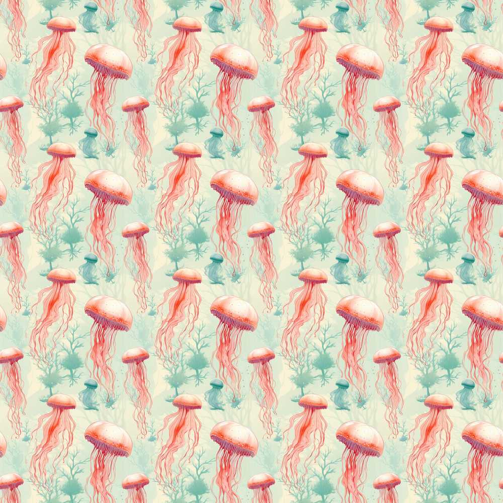 Cute Orange Jellyfish Cartoon on Deep Sea Background Seamless