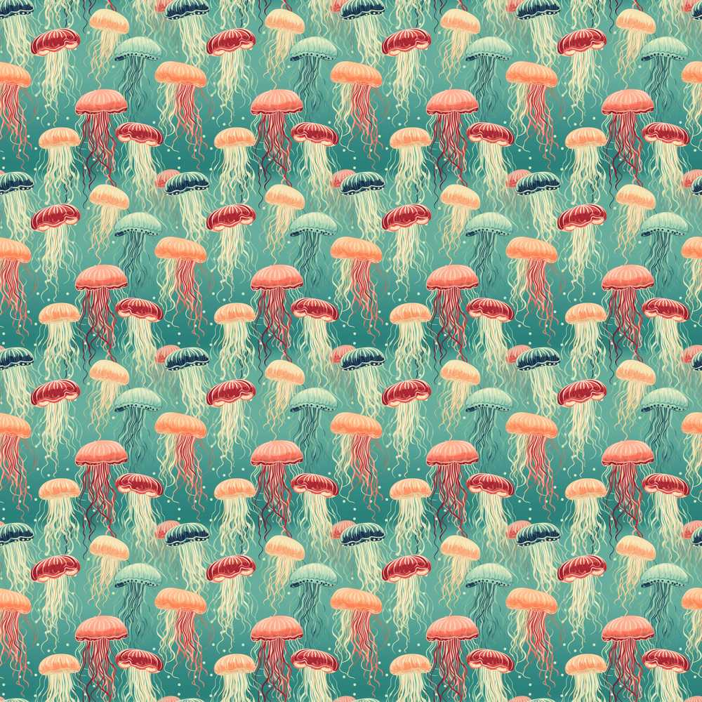 Vintage Style Jellyfish in Coral and Teal Tones Seamless Ocean