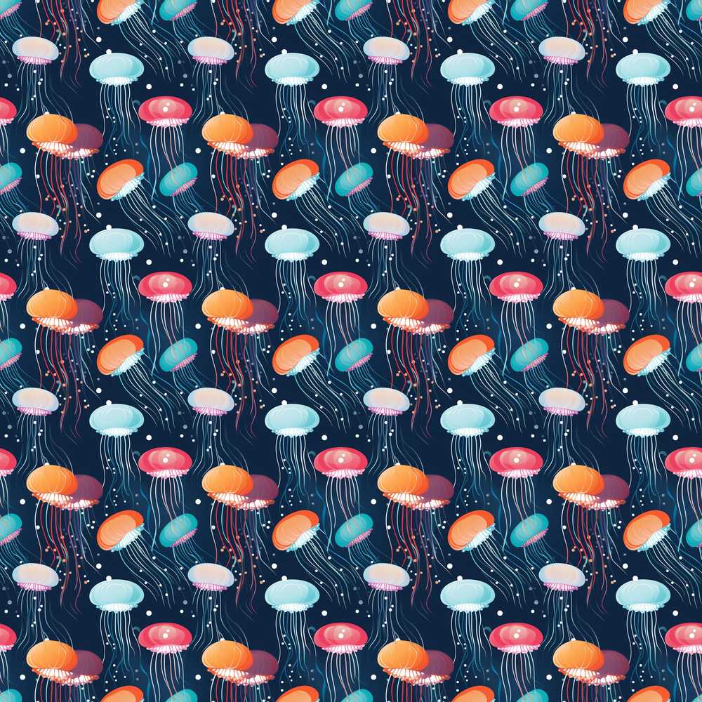 Colorful Cartoon Jellyfish on Dark Navy Background Seamless Fun Ocean