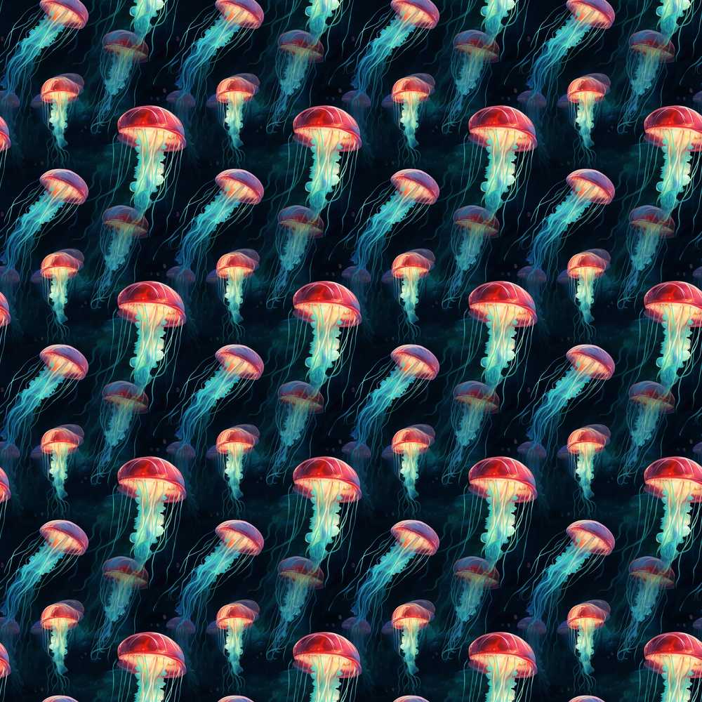 Luminous Red Jellyfish Floating in Dark Ocean Seamless Marine