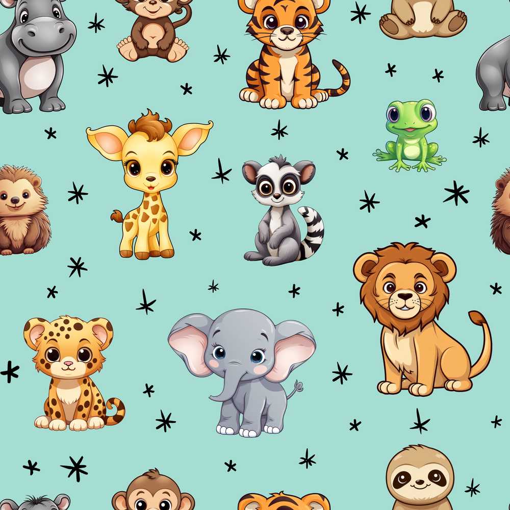 Cute Cartoon Safari Animals with Stars on Mint Background Nursery