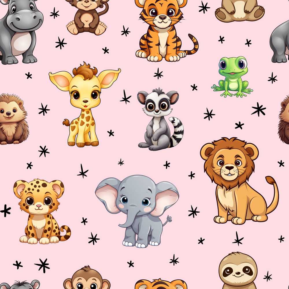 Cute Cartoon Safari Animals with Stars on Pink Background Nursery