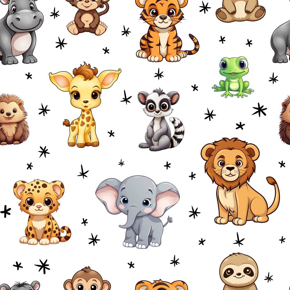 Cute Cartoon Safari Animals with Stars on Light Grey Nursery