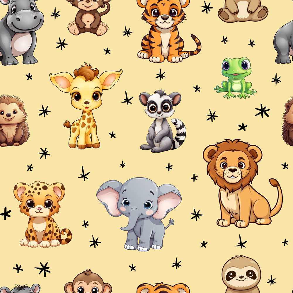 Cute Cartoon Safari Animals with Stars on Warm Beige Nursery