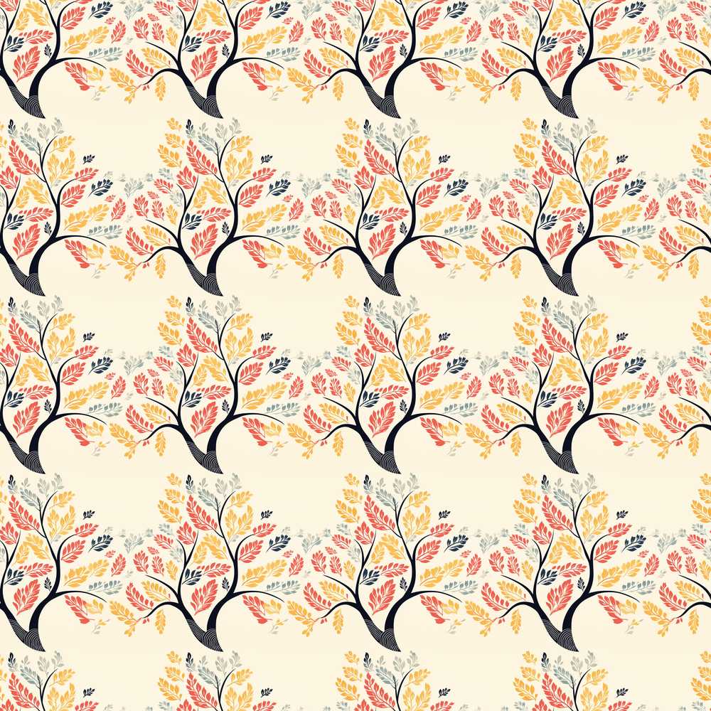 Decorative Branch Trees with Autumn Leaves Wildflower Pattern Botanical