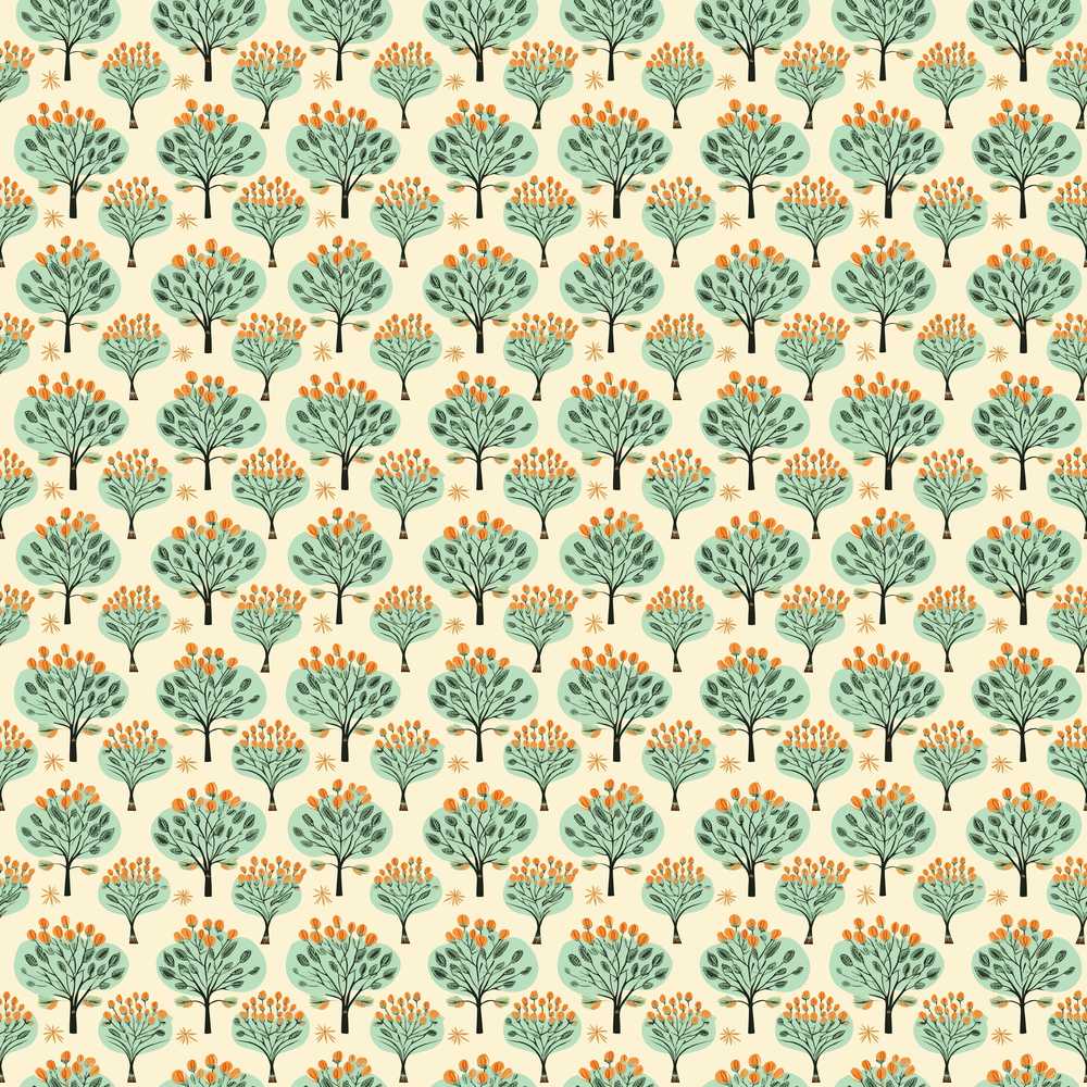 Stylised Green Trees with Orange Berries Seamless Retro