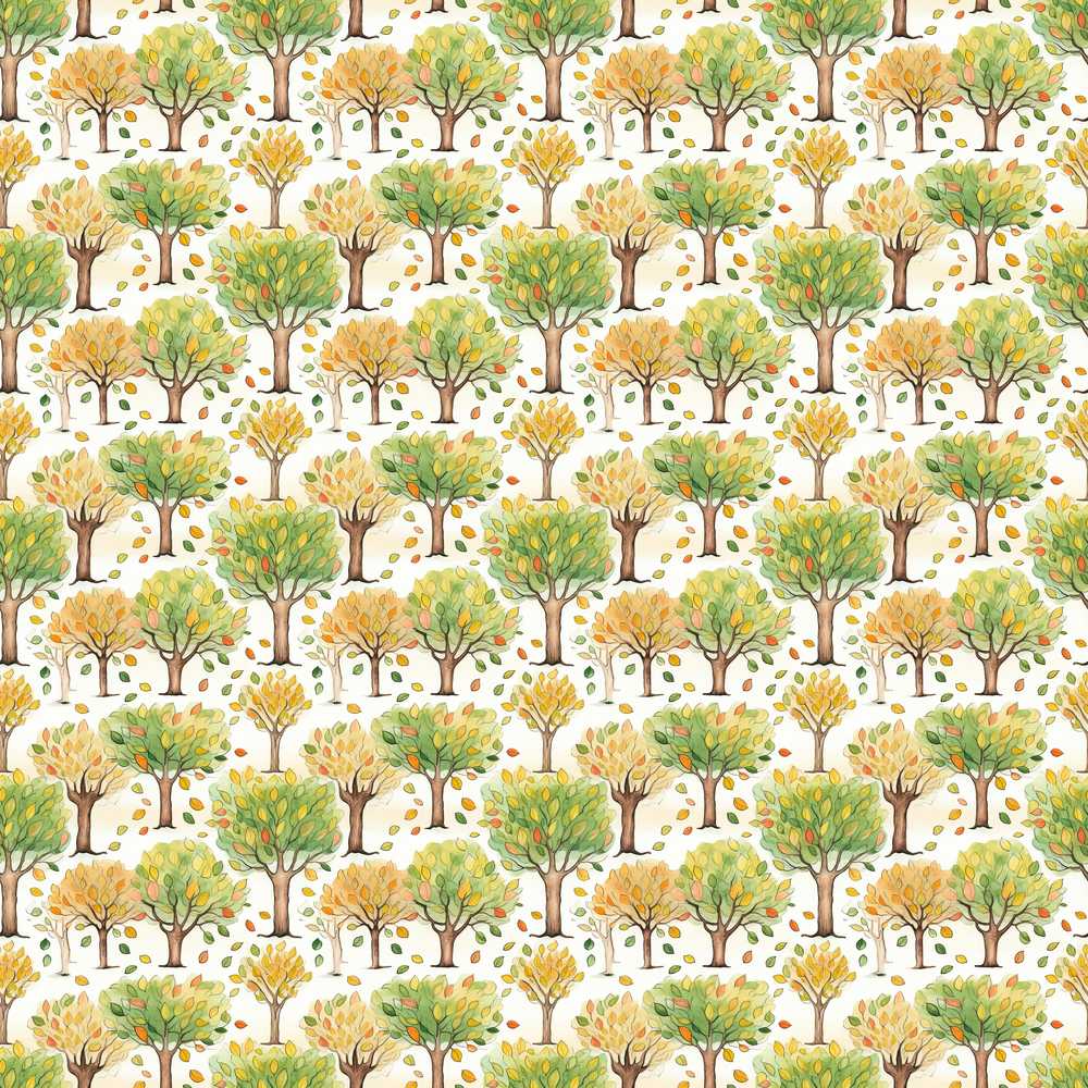 Watercolour Autumn Trees with Falling Leaves Wildflower Pattern Botanical