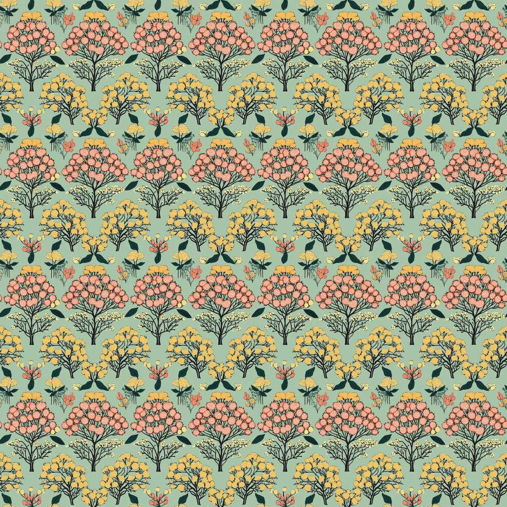Floral Botanical Bush with Yellow and Coral Blossoms Seamless